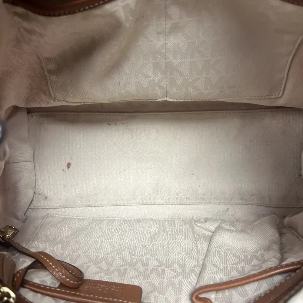 Michael Kors Marina East West Drawstring Tote in Coral Canvas & Tan Leather